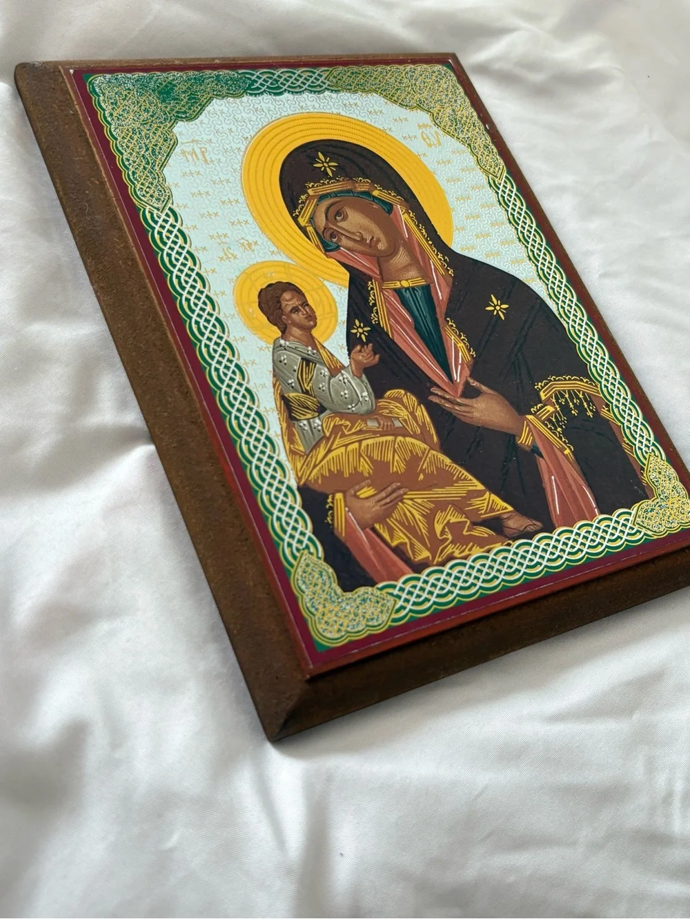 Vintage Jerusalem Mother of God religious metallic wood wall plaque home art